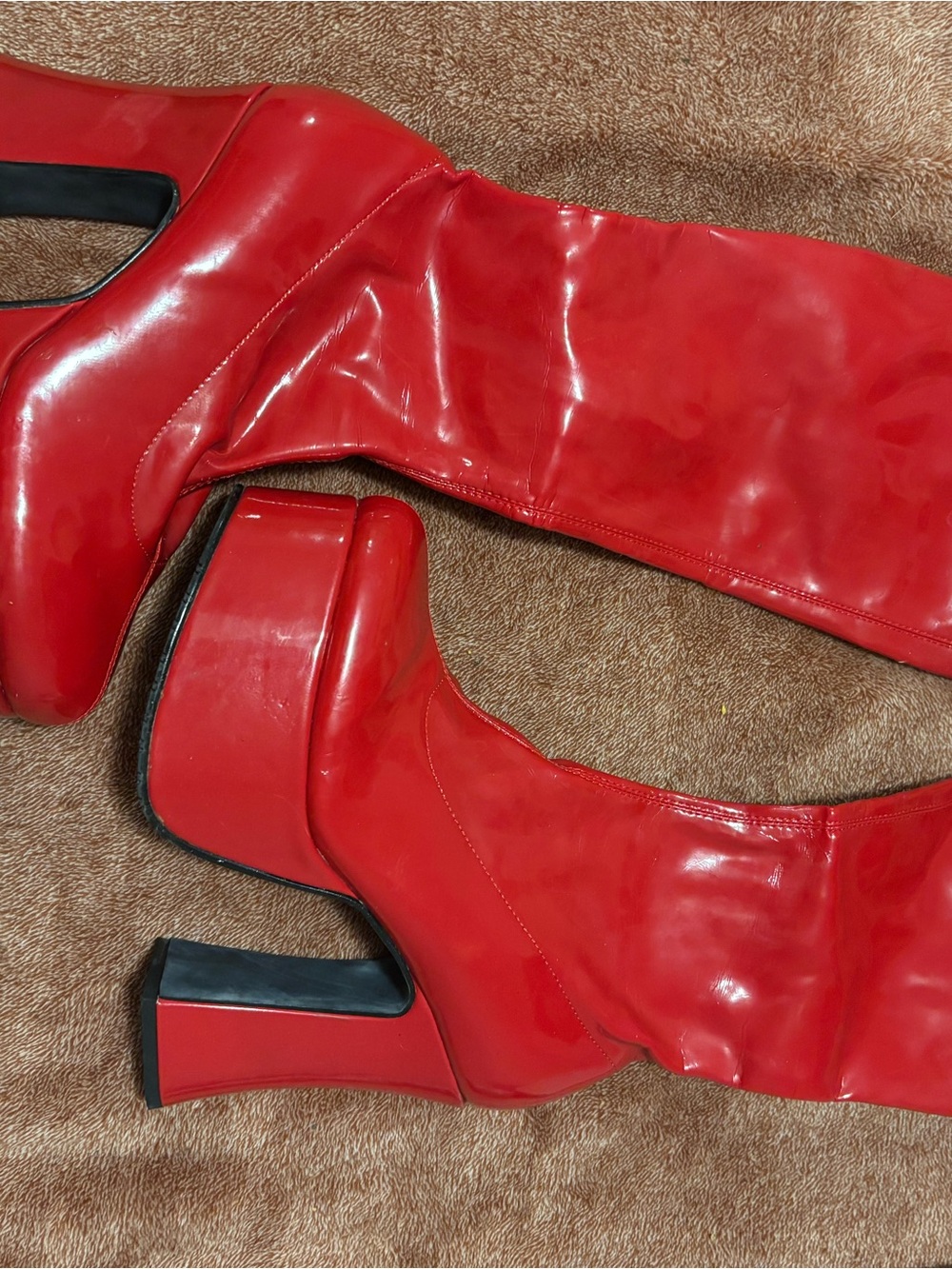 Pleaser Red Patent Platform Knee-High Boots